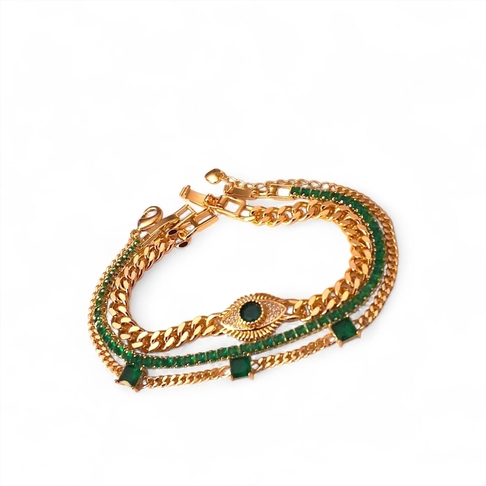 Pretty Bird 18k Gold Plated Bracelet Set – Green CZ Stack, Tarnish Resistant